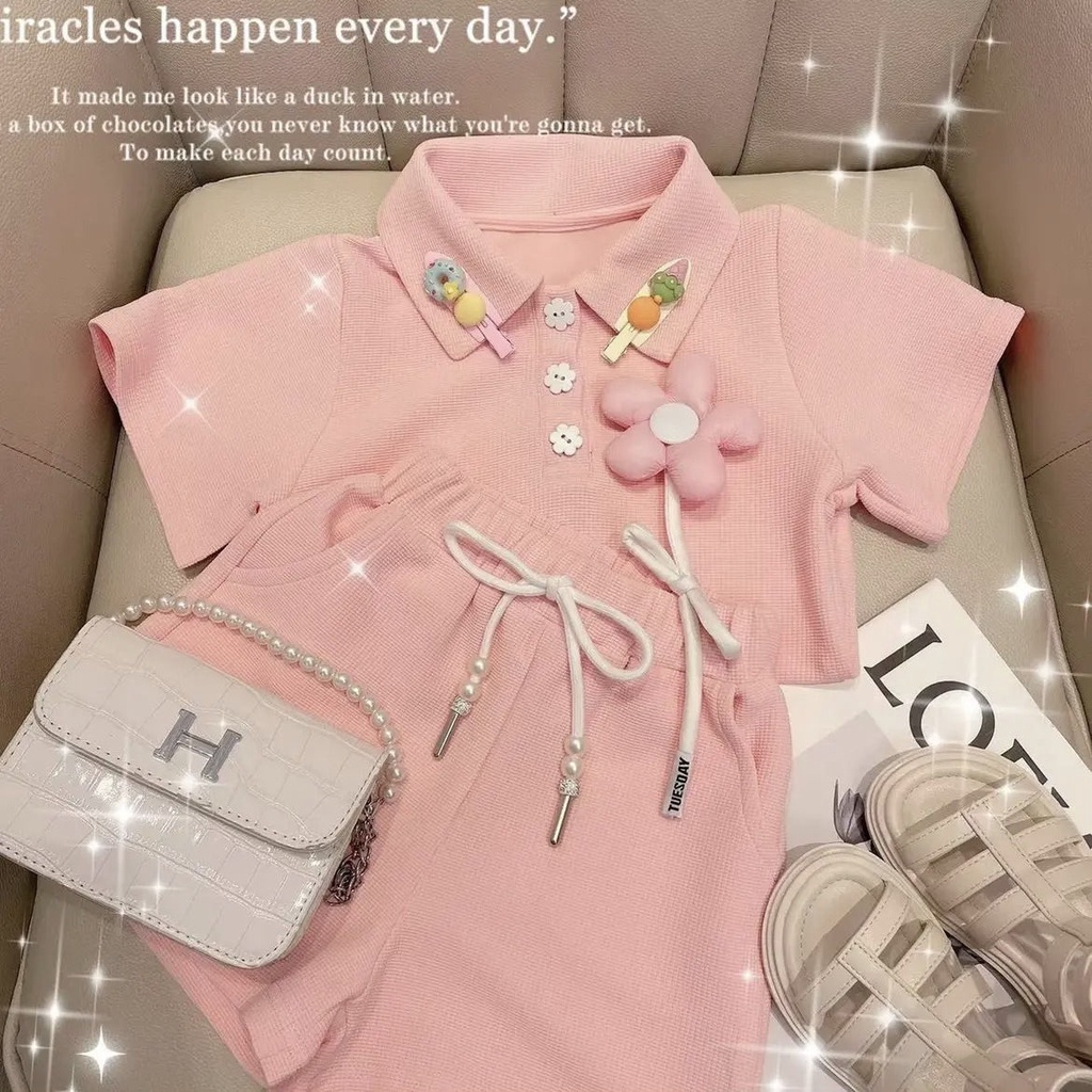 Bộ Trang Phục Hai Mảnh Áo Thun POLO Tay Ngắn Thời Trang Mùa Hè 2022 Dành Cho Bé Gái