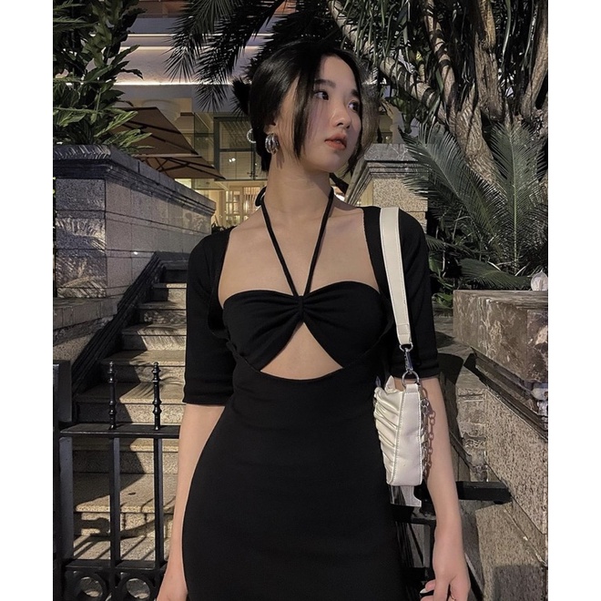 ĐẦM RÚT NGỰC CỘT DÂY YẾM CUT OUT ĐEN (TH)