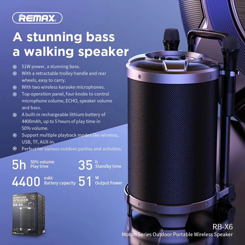 Loa Kéo Di Động REMAX RB-X6 - Kèm 2 Micro không dây/LOA BLUETOOTH KÈM MÍC KARAOKE REMAX LITTLE BOY OUTDOOR RB-X9