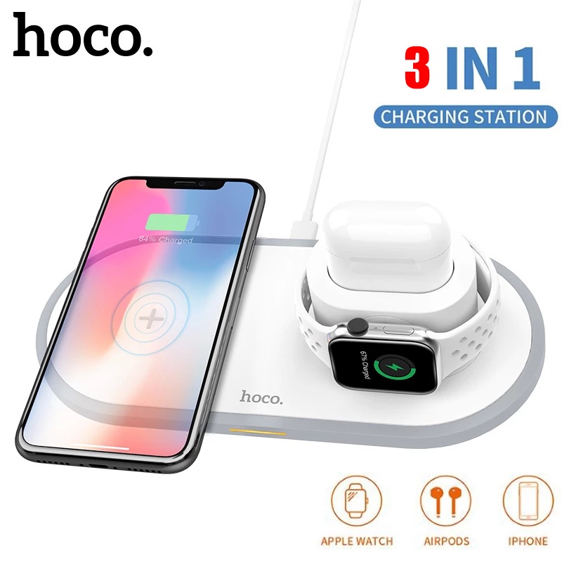 Đế sạc nhanh HOCO. CW21 Qi không dây 3 trong 1 10W thích hợp cho iPhone 11 Pro X XS Max XR 4 3 2 Samsung S10