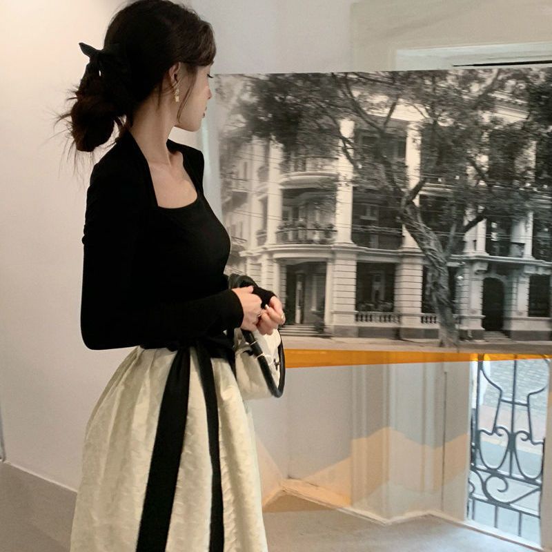 Single / suit vintage autumn and winter schoolgirl temperament long-sleeved blouse high waist slim half skirt two sets of skirt
