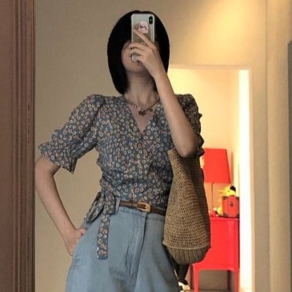 Áo Sơ Mi Chiffon Cổ Chữ V Tay Ngắn Họa Tiết Hoa Phong Cách Hàn Quốc Thời Trang Mùa Hè Mới Cho Nữ