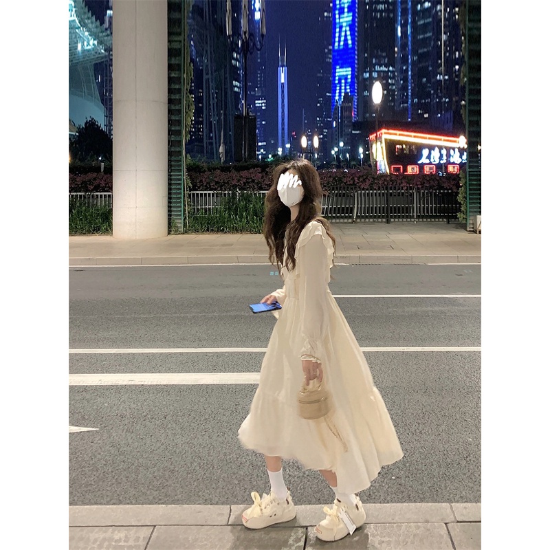 Đầm midi tay dài cổ chữ V viền bèo phong cách Pháp thời trang dành cho nữ