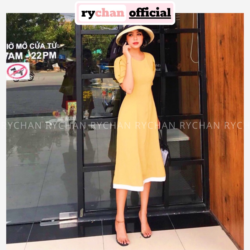 Đầm Đi Du Lịch Cổ Tròn Tay Phồng Thắt Eo Phối Viền Trắng [ẢNH THẬT CUỐI] - DX9849