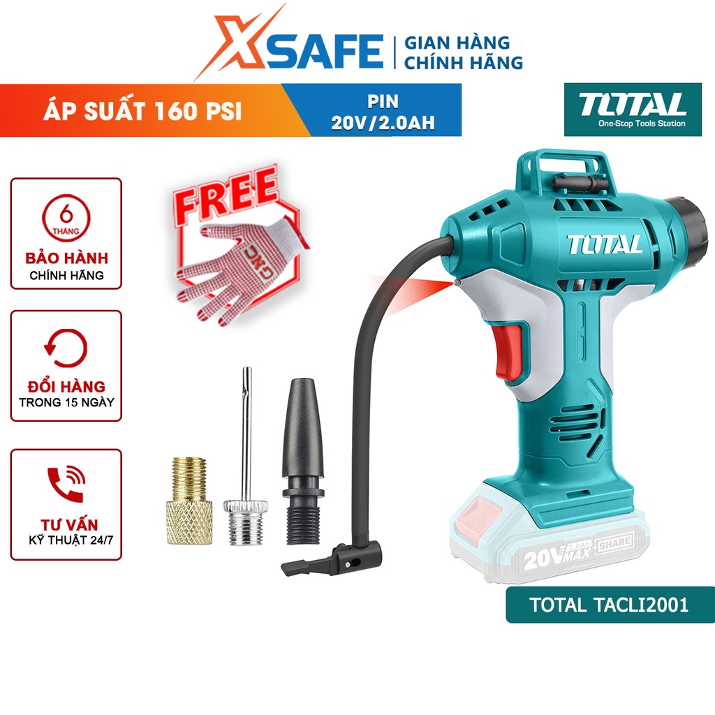 Máy bơm hơi cầm tay tự động pin Lithium 20V TOTAL TACLI2001 áp suất tối đa 160PSI, không kèm theo pin và sạc -chính hãng