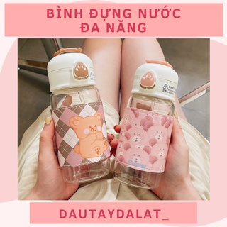 Bình nước thủy tinh cute bình nước cute giữ nhiệt dễ thương 380ml có nắp đậy kèm dây đeo kèm ống hút chịu nhiệt cao