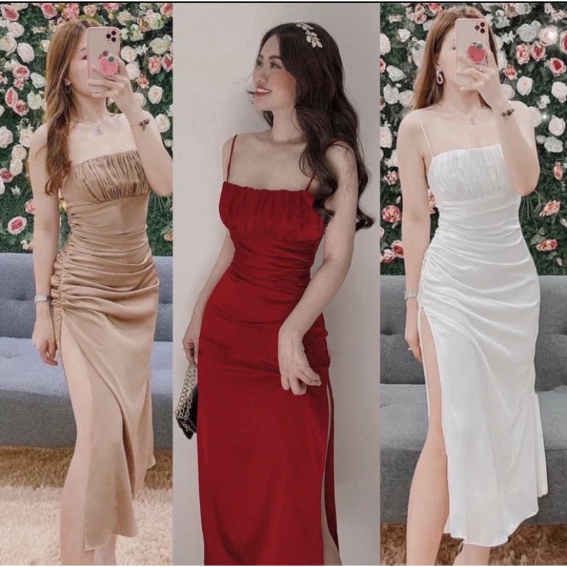 Đầm body hai dây lụa xẻ vạt chéo dự tiệc sang trọng