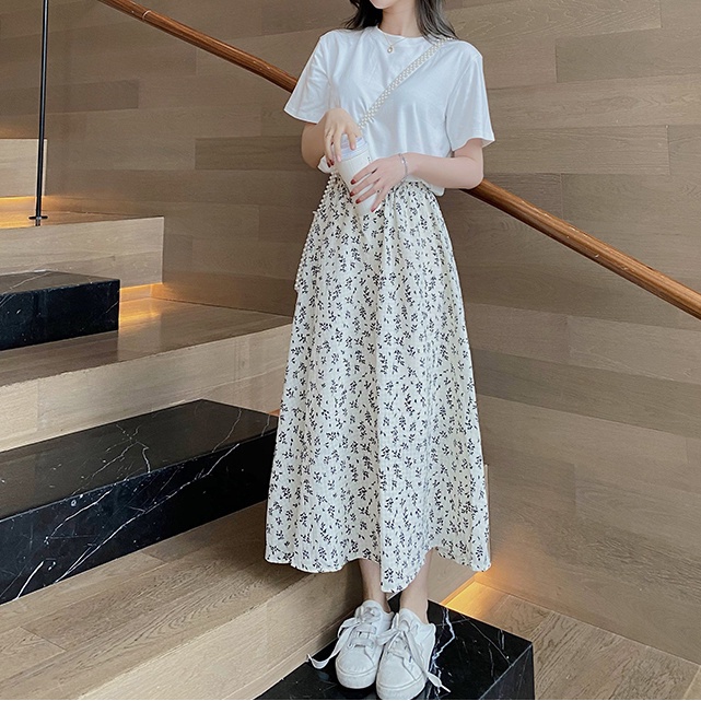 Chân Váy Dài Lưng Cao Họa Tiết Hoa Phong Cách Hàn Quốc
