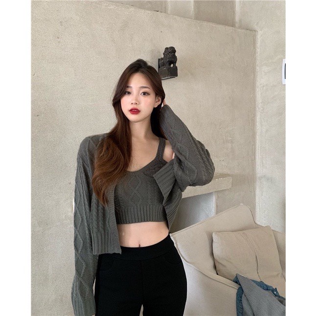 Áo cardigan len mix áo 2 dây B04, sét cardigan và áo dây len hàn siêu xinh.