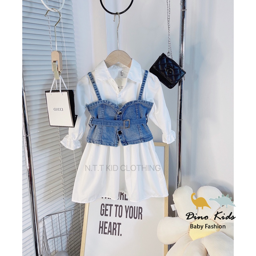 Sét váy bò kèm áo cho bé gái, set váy sơ mi trắng kèm áo yếm jeans sành điệu cho bé size 13-32kg