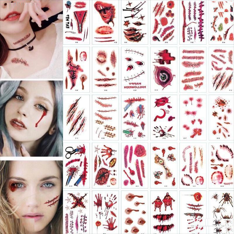 💥Sticker Dán Hình Xăm Giả Vết Thương Chống Nước Cho Halloween Troll Bạn Bè Máo Đao Búa Kéo Liềm Đỏ Dao Lam Vết 000339