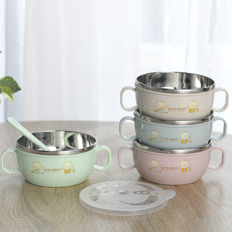 BÁT ĂN DẶM ⚡️FREESHIP⚡️ Bát Inox Ăn Dặm Kiss Bear Cách Nhiệt Tặng Kèm Thìa Tập Xúc