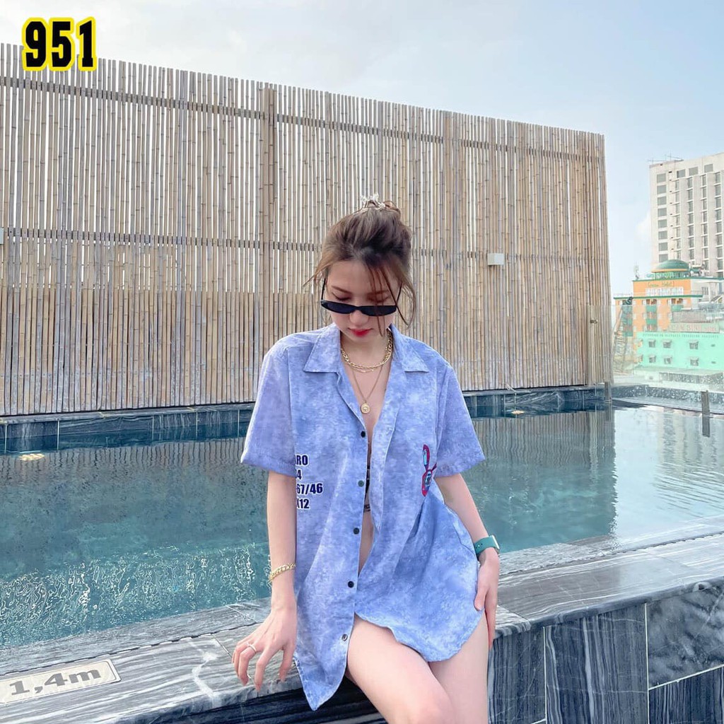Áo sơ mi nam nữ oversize PWRD RABBIT loang xanh