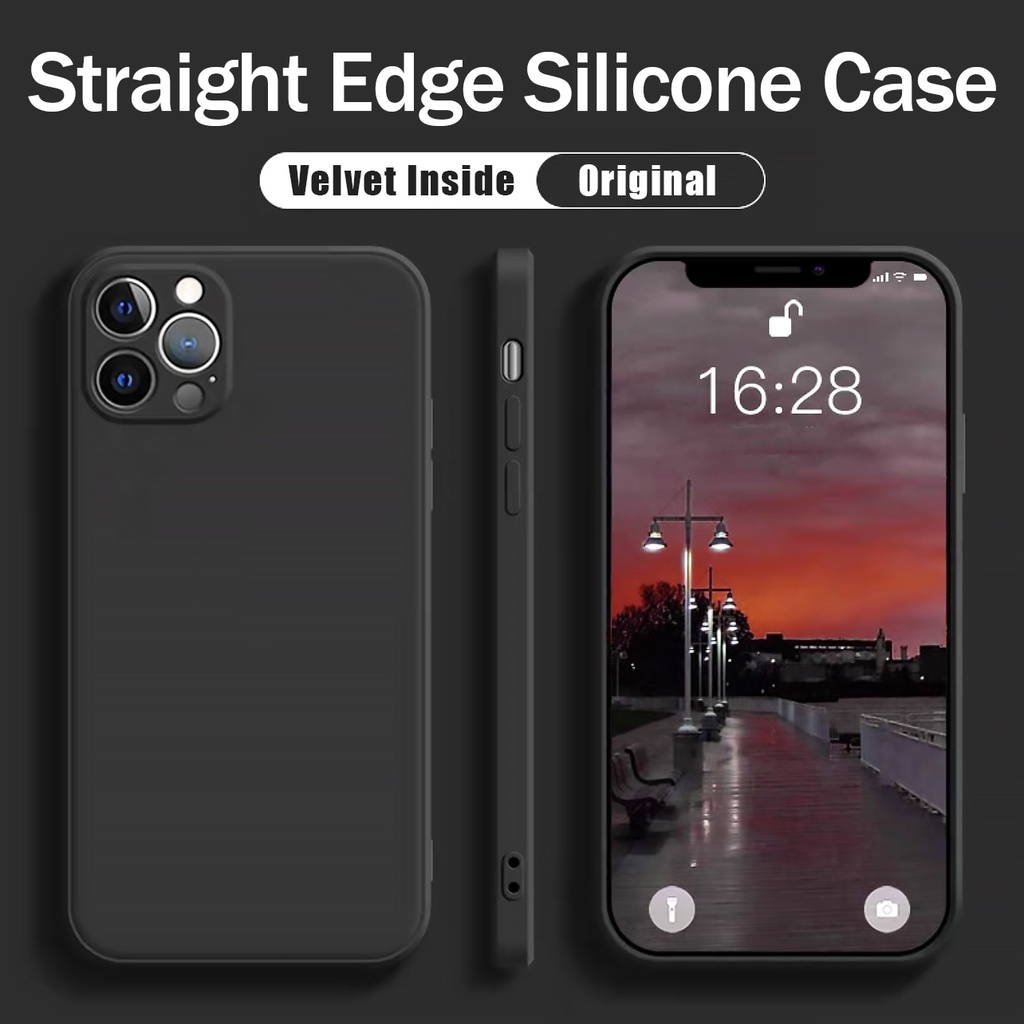 【Become iPhone 12】 Straight Square Edge Liquid Silicone Soft Phone Case For iPhone 11 Pro Max X XR XS Max 8 7 6 6S Plus + SE 2020 Cover Casing With Velvet Inside With Full Cover Camera Protection