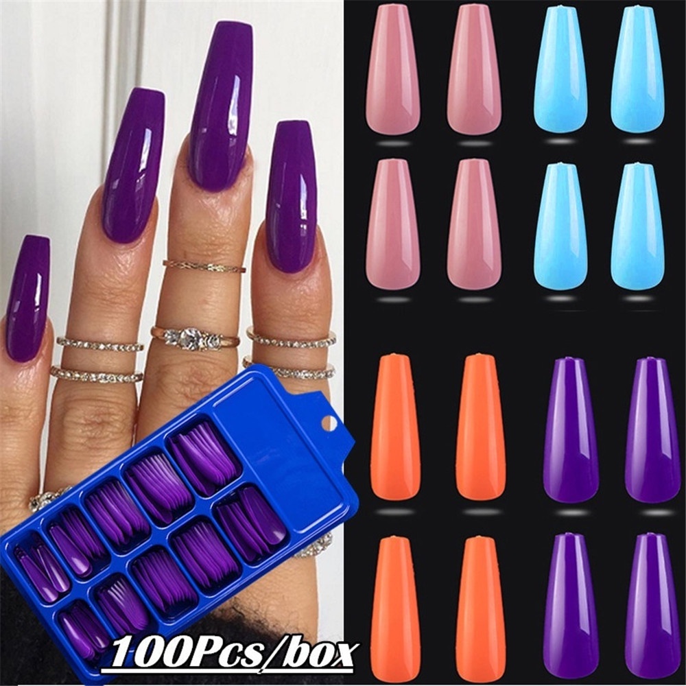 Set 100 Móng Tay Giả Hình Vuông Bằng acrylic full Viền Không Kèm Keo