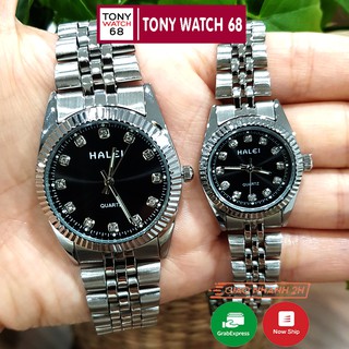 Đồng hồ cặp đôi nam nữ Halei dây kim loại mặt đen sang trọng Tony Watch 68