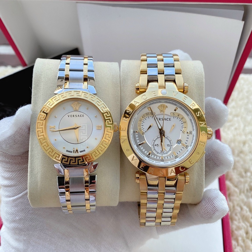 Đồng hồ Nam Versace V-Race 43mm, Nữ Versace Daphnis 34mm, dây Gold, máy Swissquartz