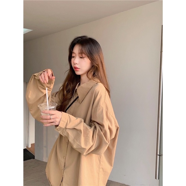 Sơmi màu nâu tây hottrend unisex cho cả nam và nữ from rộng