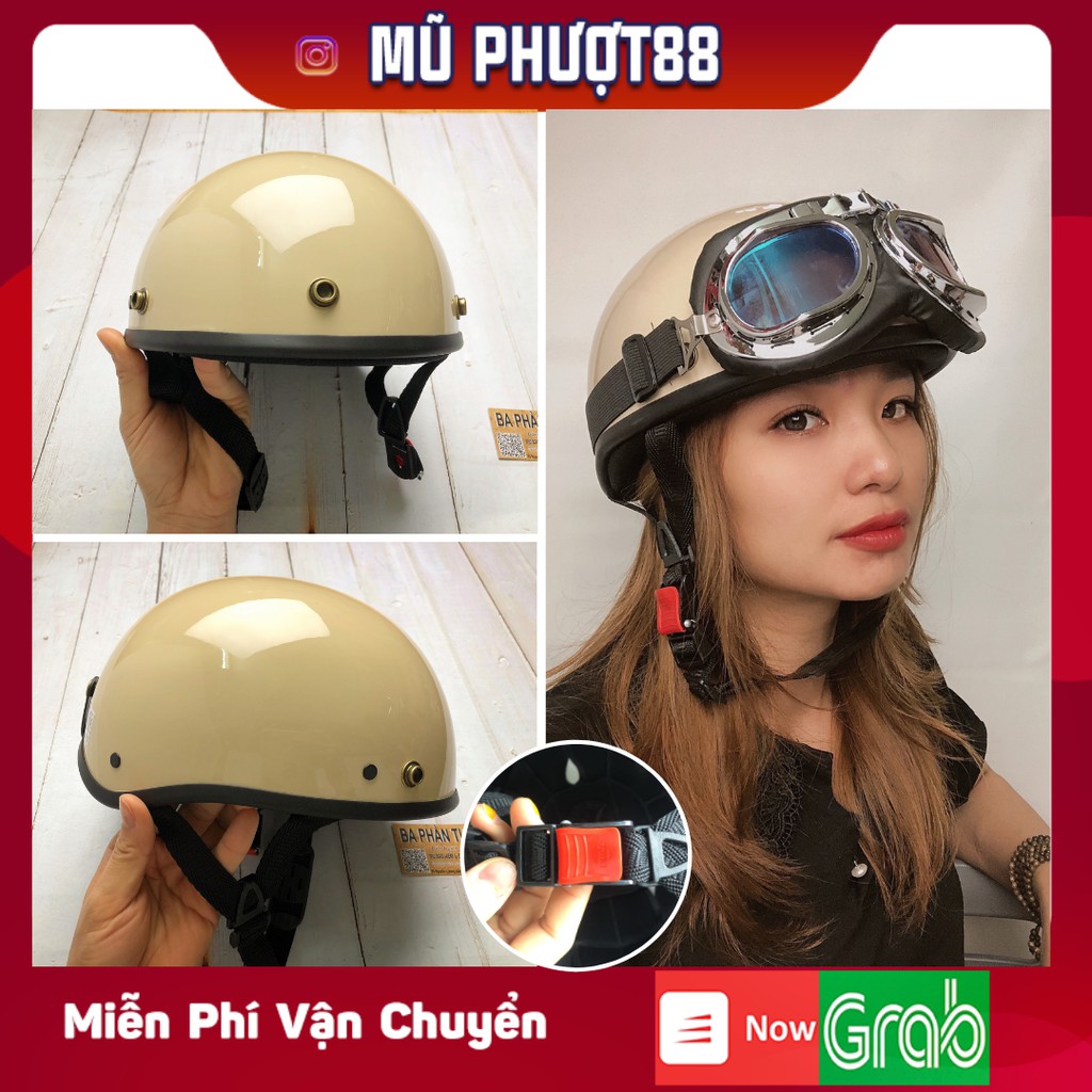 Mũ bảo hiểm nửa đầu 1/2 màu sữa có kính, Nón bảo hiểm nửa đầu FREE SIZE, CHUẨN CHẤT LƯỢNG CAO