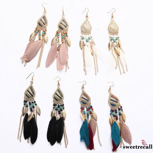 Khuyên tai dài gắn lông vũ phong cách bohemian thanh lịch dành cho nữ