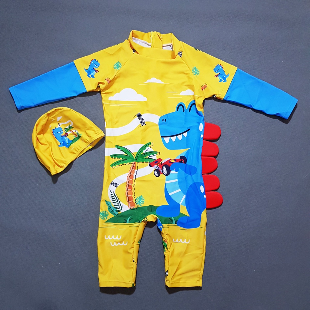 Bộ đồ bơi liền thân tay dài quần lửng chống nắng khủng long có vây bé trai và gái di biển đi bơi