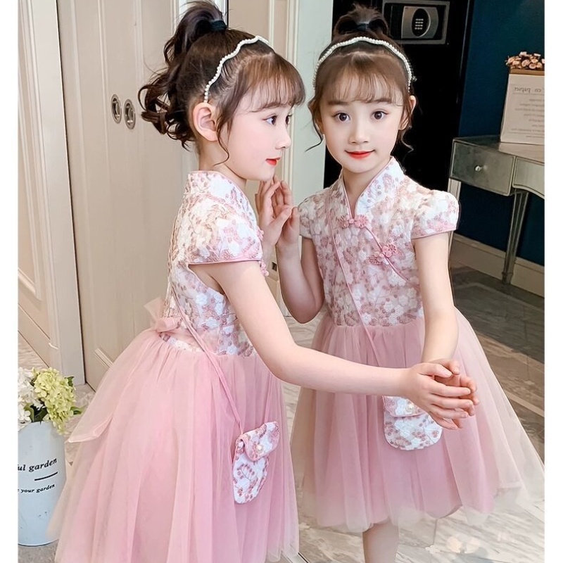 Đầm Sườn Xám Công Chúa Phối Lưới Thời Trang Mùa Hè Cho Bé Gái