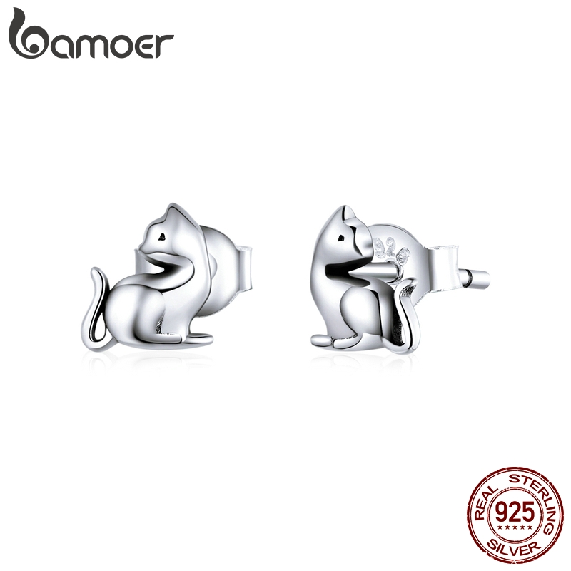 Khuyên tai Bamoer SCE833 bằng bạc 925 thiết kế hình mèo con xinh xắn