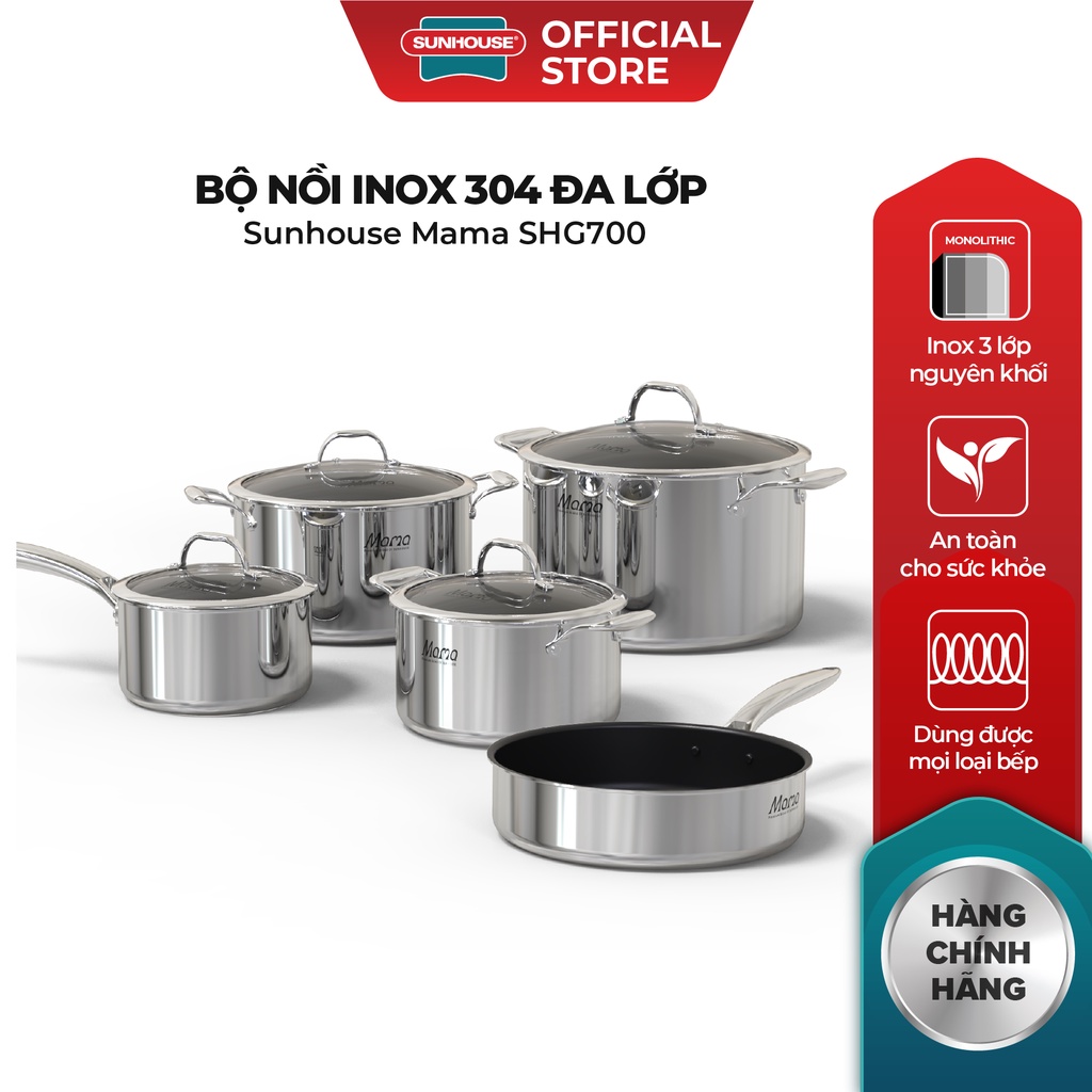Bộ nồi chảo inox đa lớp SUNHOUSE SHG700