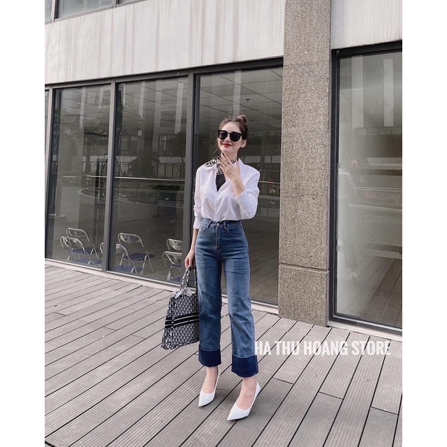 QUẦN JEAN NỮ DÁNG SUÔNG MÀU XANH GẬP GẤU