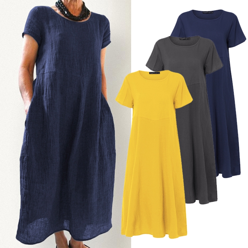 Đầm Nữ ZANZEA Tay Ngắn Cổ Tròn Dáng Rộng Đơn Giản Thời Trang