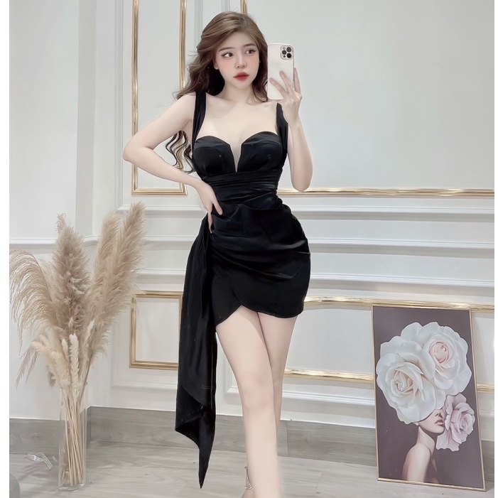 Đầm 2 Dây Lụa Body Bo Eo Xẻ Ngực Tà Nhún Đắp Chéo  - 4 Màu Đen, Xanh, Trắng, Đỏ - Cho Nàng Đi Chơi, Tiệc