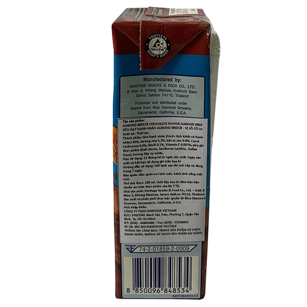 Sữa hạt hạnh nhân ALMOND BREEZE Sô cô la 180ml (Lốc 3 hộp)