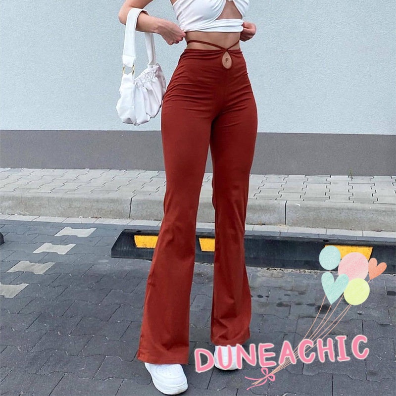 DUNEA Quần Ống Loe Lưng Cao Màu Trơn Thời Trang Cho Nữ