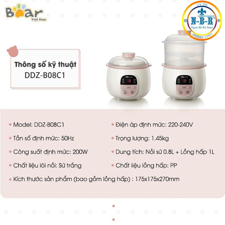 [Mã 267ELSALE hoàn 7% đơn 300K] Nồi nấu cháo, Ninh, Hầm, Hấp cách thủy BEAR 4 IN 1