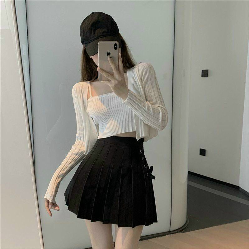 Sét áo 2 dây kèm khoác xinh - Sét áo 2 dây+áo cadigan thun gân alohashop91