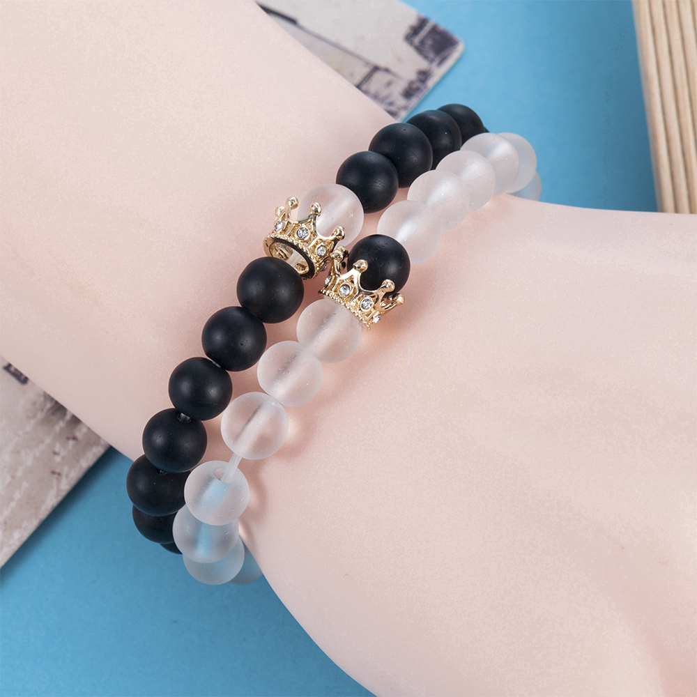 Set 2 vòng tay hạt đá phối vương miện nhỏ xinh xắn cho tình nhân