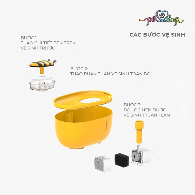 Máy lọc nước cho thú cưng cao cấp Aiwo dung tích 2000ml hình ong vàng dễ thương