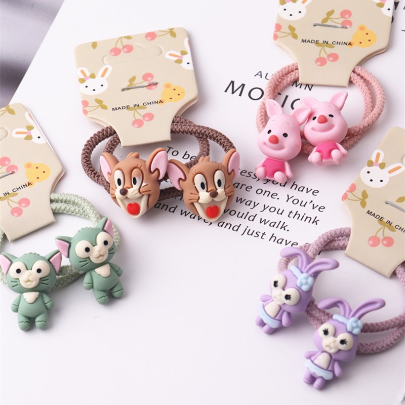 Set 2 dây cột tóc co giãn trang trí hình hoạt hình dễ thương cho bé gái