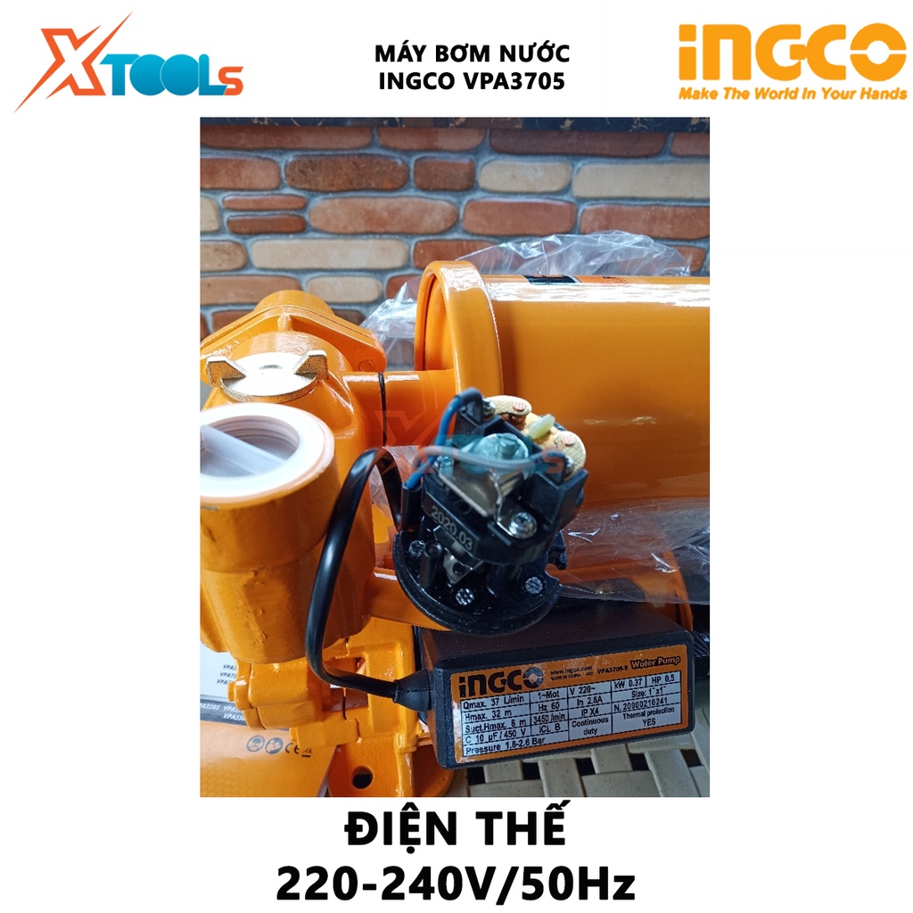 Máy bơm nước INGCO VPA3705 Máy bơm nước dây đồng Điện thế 220-240V~50Hz Công suất 370W(0.5HP) Chiều cao bơm tối đa 32 m