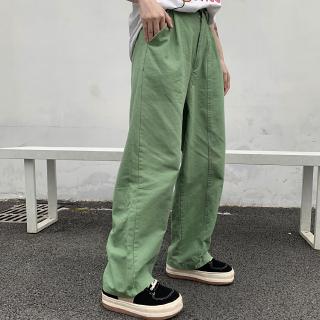 Quần Dài Lưng Cao Ống Rộng Màu Xanh Lá Phong Cách Nhật Bản