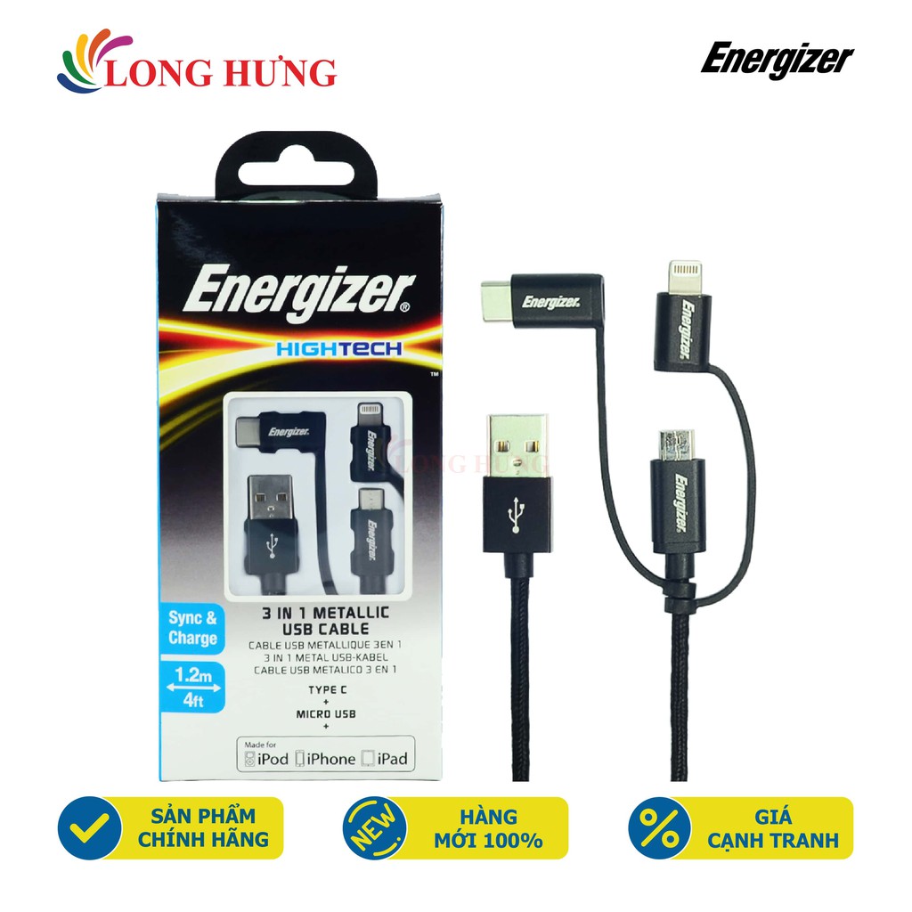 Cáp 3 trong 1 Micro USB - Lightning - USB Type-C Energizer Metallic 1.2m C13UBX3CF - Hàng chính hãng