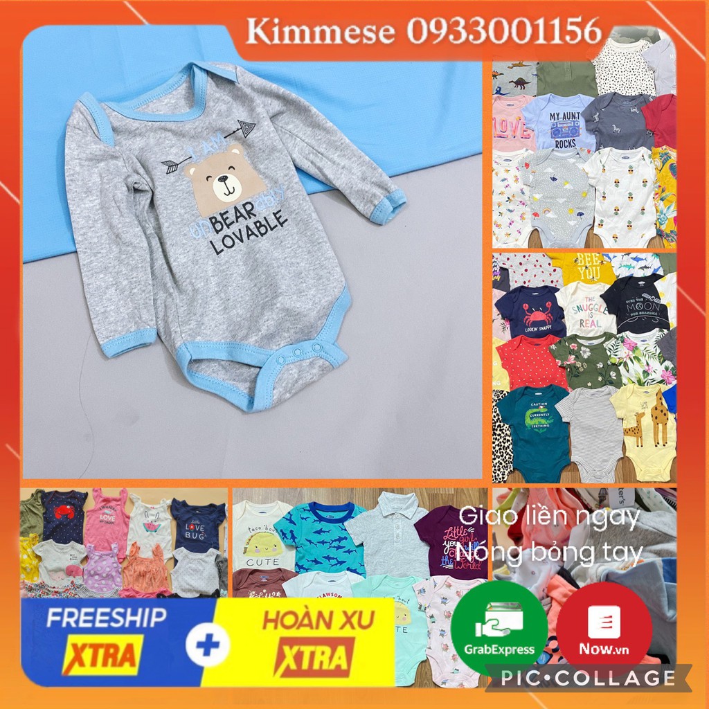 [Freeship + Hoàn xu 30k] Bodysuit Body Chip Cotton D.Duck Xám Gấu I Am Unbearably Lovable Viền Xanh Tay Dài