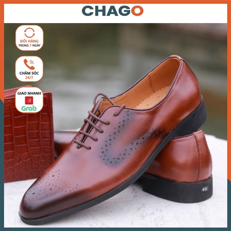 {Uy tín-Bh 2 năm } Giày tây nam công sở buộc dây mũi nhọn màu nâu giày CHAGO GCS159