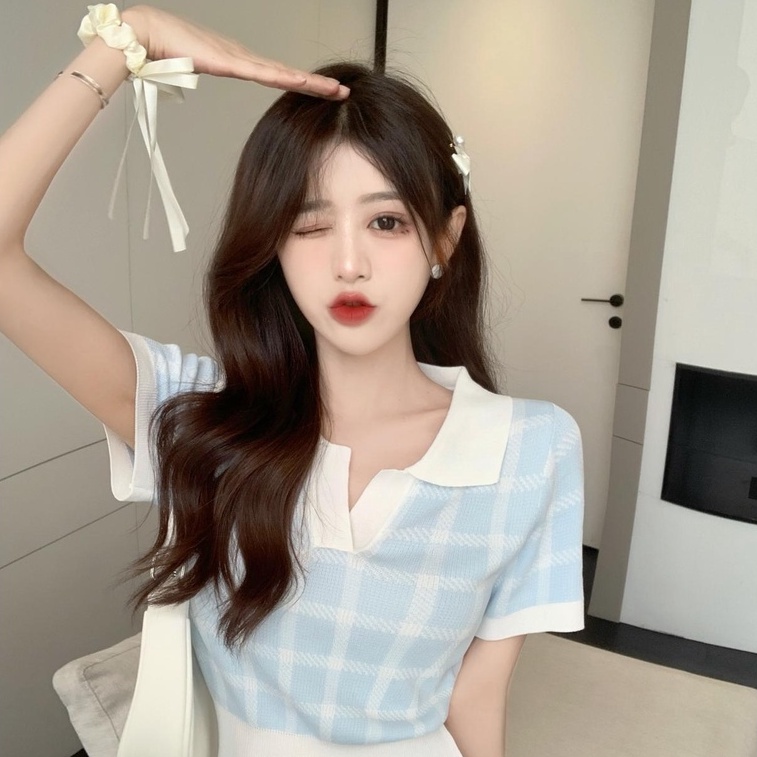 【Hana and Alice】Áo Thun POLO Dệt Kim Ngắn Tay Lưng Cao Gợi Cảm
