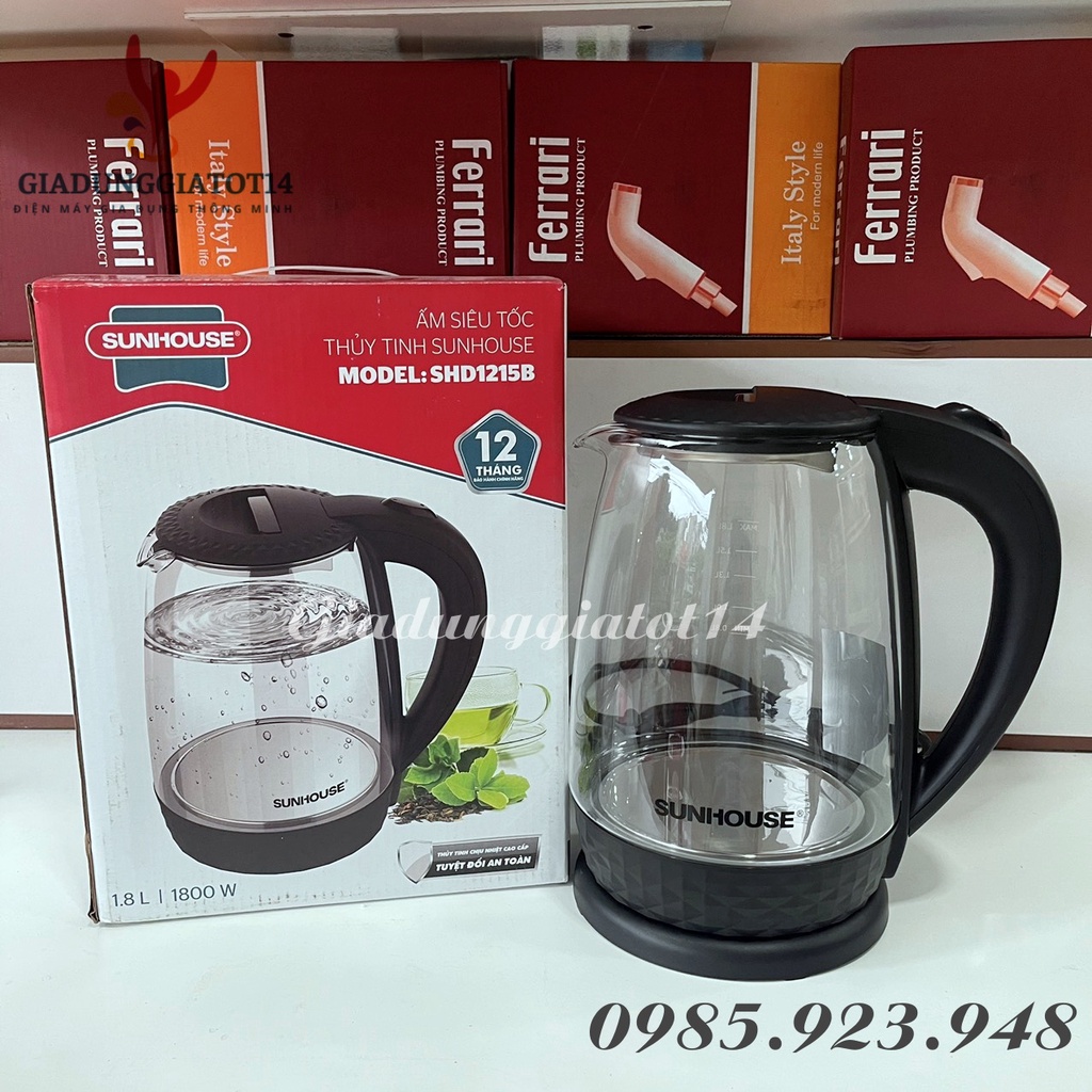 Ấm siêu tốc Thủy tinh cao cấp Sunhouse SHD1215 - dung tích 1.8L-Công suất 1800W - Bảo hành 12 tháng