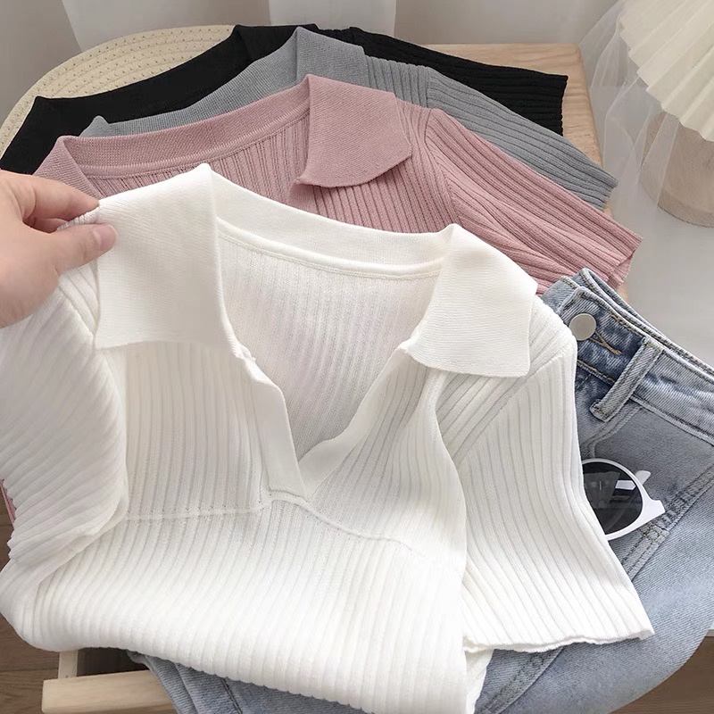 Áo polo croptop dệt kim nữ - Áo thun nữ len tăm tay ngắn kiểu cổ V phong cách Hàn Quốc