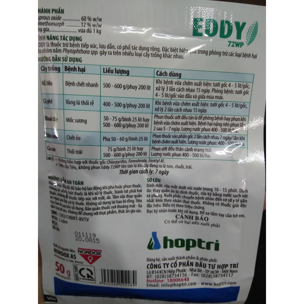 Thuốc trừ bệnh cho cây EDDY 72WP  đặc trị mốc sương, nấm phytophthora, vàng lá thối rễ của Công ty Hợp Trí