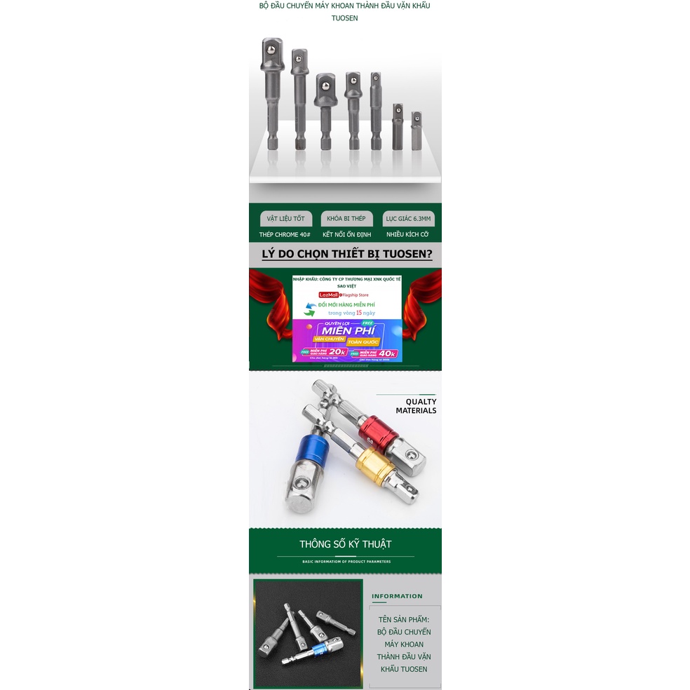 Bộ 3 đầu chuyển đổi máy khoan thành đầu vặn khẩu TUOSEN - Thép Chrome 45#