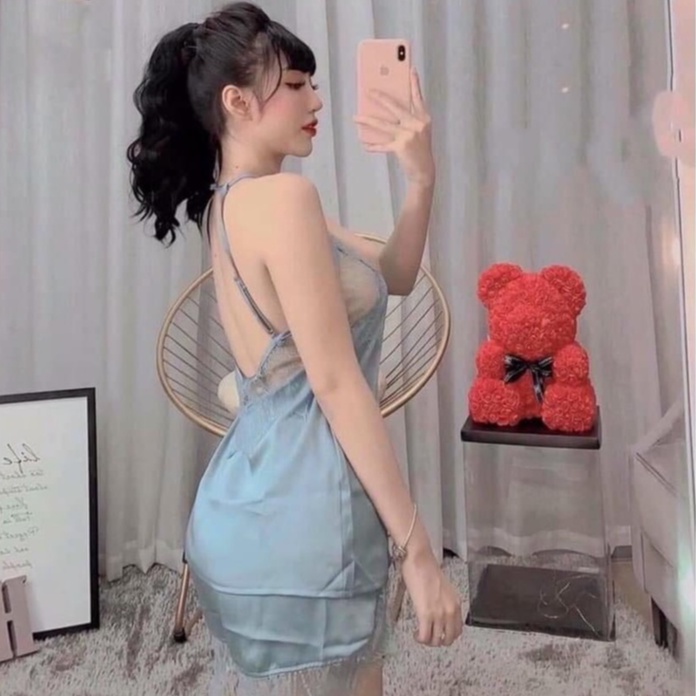 Đồ Ngủ Sexy Yếm Kèm Quần Đùi Phối Ren Chất Liệu Lụa Satin Mềm Mịn Mát freesize 40-65kg - CN006 CINY | BigBuy360 - bigbuy360.vn