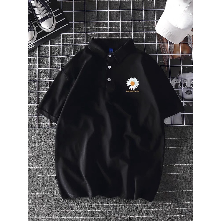 Áo polo nam nữ thêu hoa cúc và thêu chữ trước ngực, chất cotton thâm hút mồ hôi, áo cổ bẻ